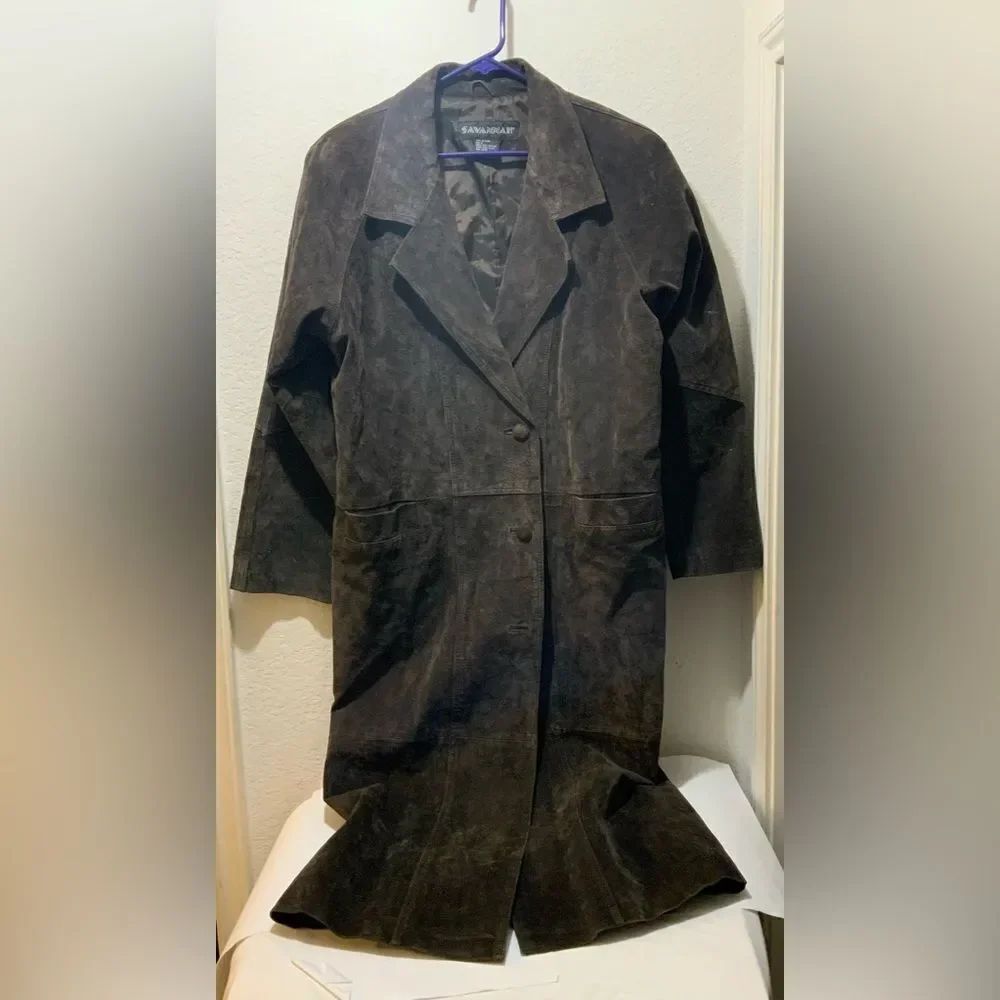 Savannah Retro Leather Coat Womens Large Brown Button Pockets Oversized Brown